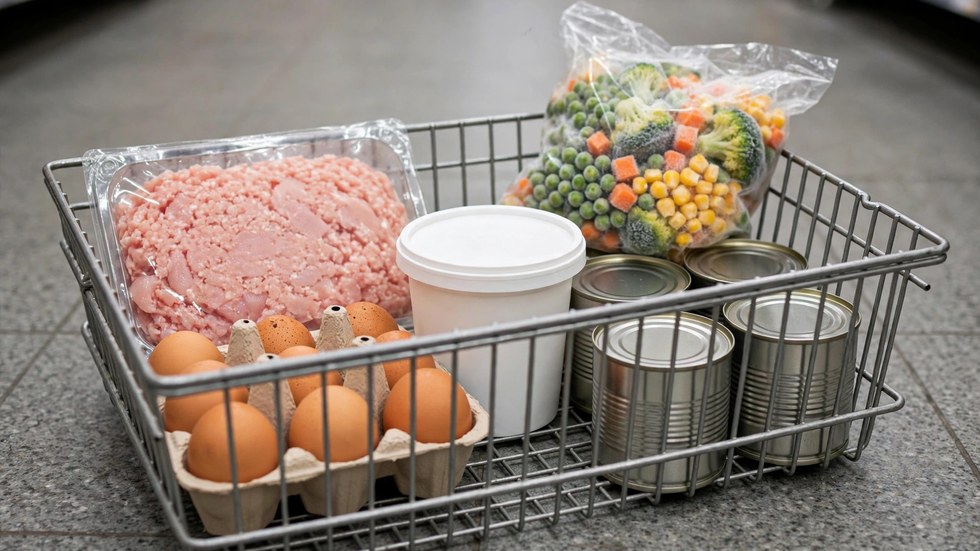 Budget high protein meal prep woolworths groceries including chicken mince, eggs, yoghurt and tuna in a shopping basket