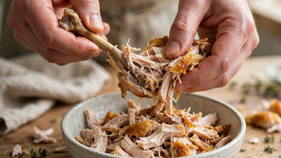 Shredding a woolworths hot roast chicken meal stretch into portions for four meals