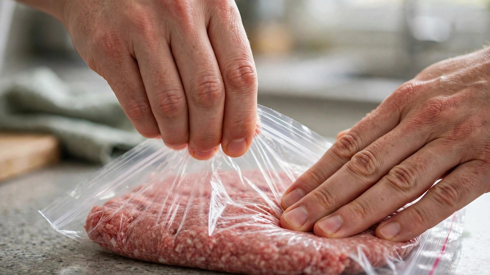 Hands flattening bulk mince into a zip-lock freezer bag for bulk meat prep at Costco Australia