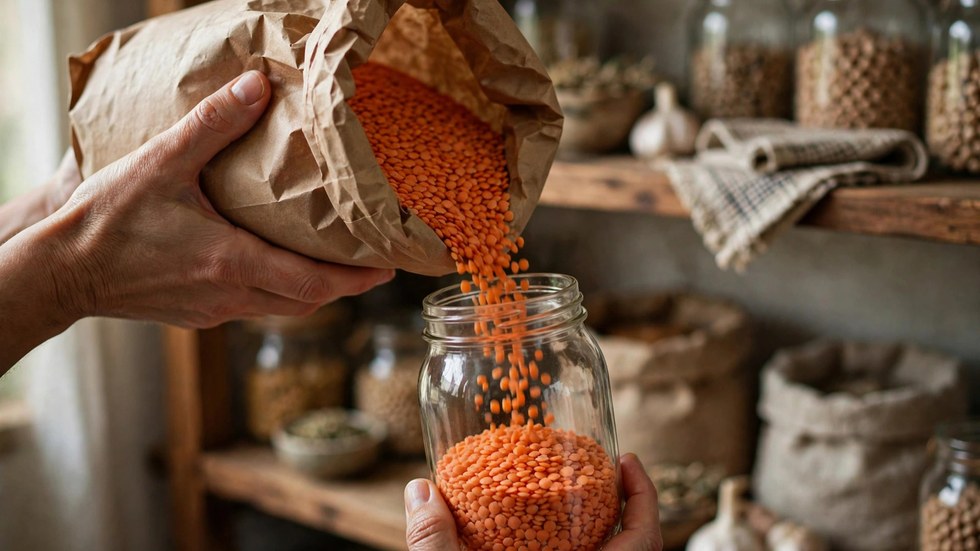 Filling a pantry jar with dried red lentils, one of the cheap high fiber staples at Aldi Australia