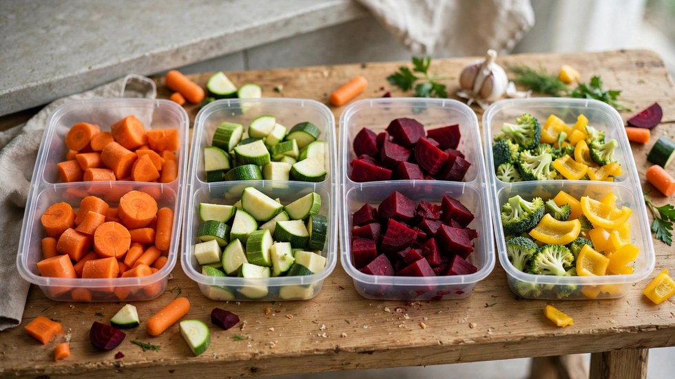 Chopped Woolworths Odd Bunch vegetables portioned into meal prep containers