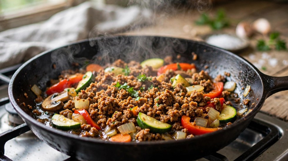 Plant-based mince sizzling in a pan for cheap Coles Simply Plant Based meal prep