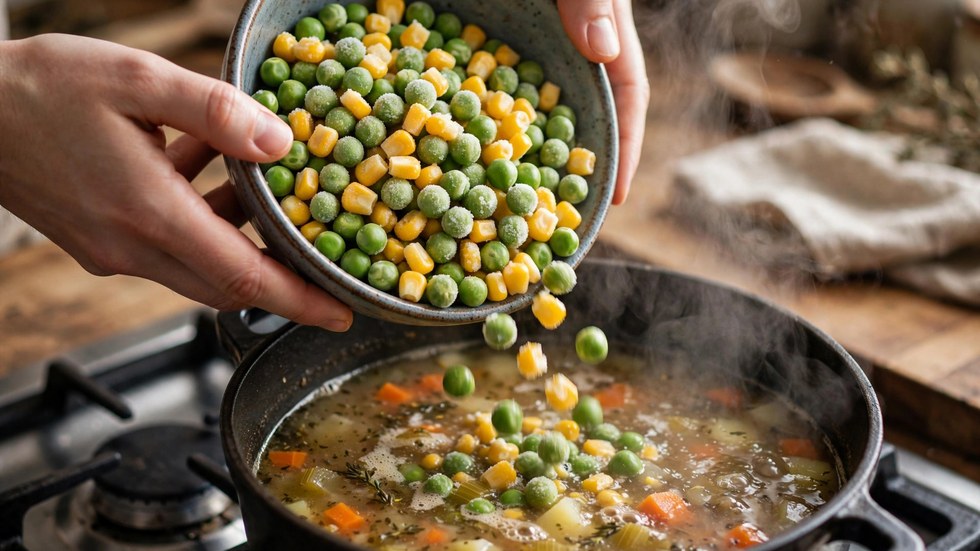 Frozen vs fresh veggies Australia comparison showing frozen peas being added to a winter soup pot