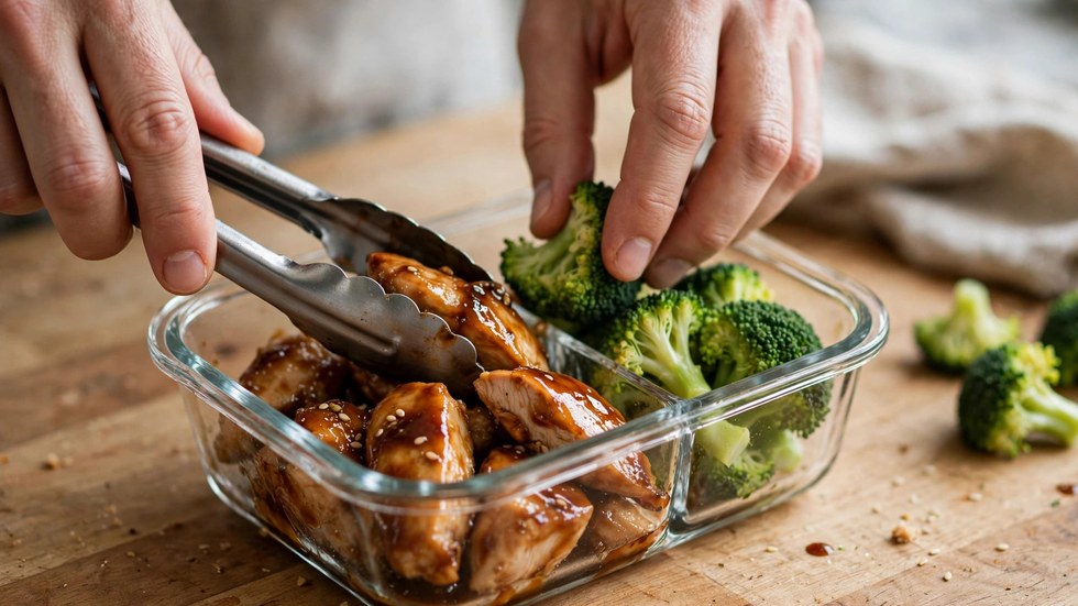 Packing a cheap high protein lunch bowl into a glass meal prep container