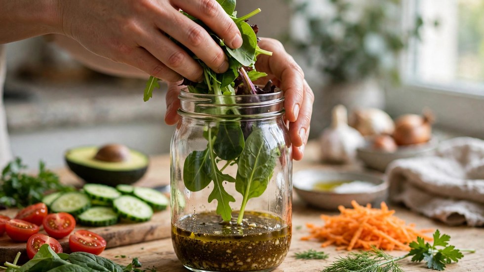 Layering a cold lunch meal prep salad jar with dressing on the bottom