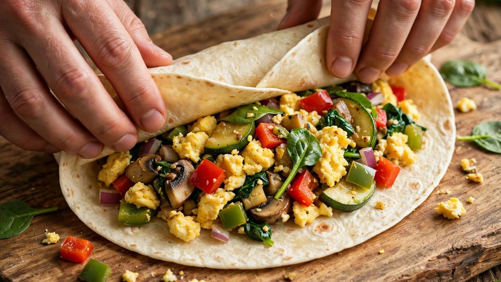 Rolling a freezer breakfast burrito with scrambled eggs and fillings