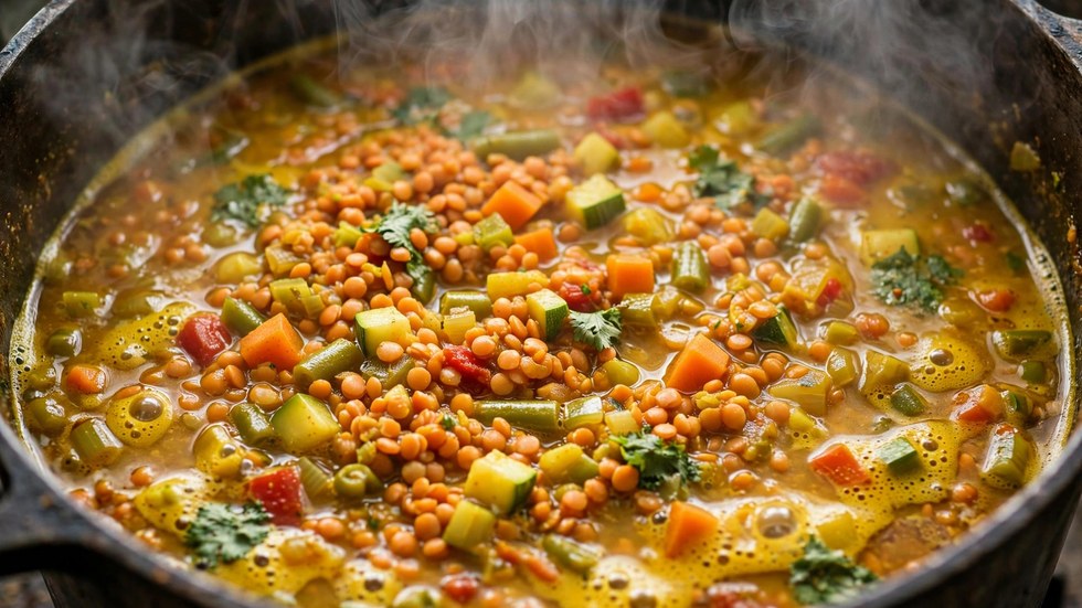Simmering pot of cheap lentil curry for budget meal prep bowls