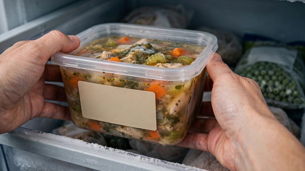 Labelled meal prep containers being frozen safely for hot Australian summer meal prep
