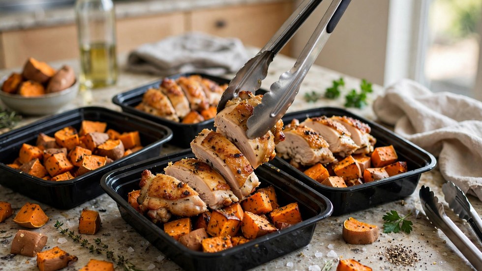 Portioning sheet pan chicken thighs and sweet potato into weekly meal prep containers