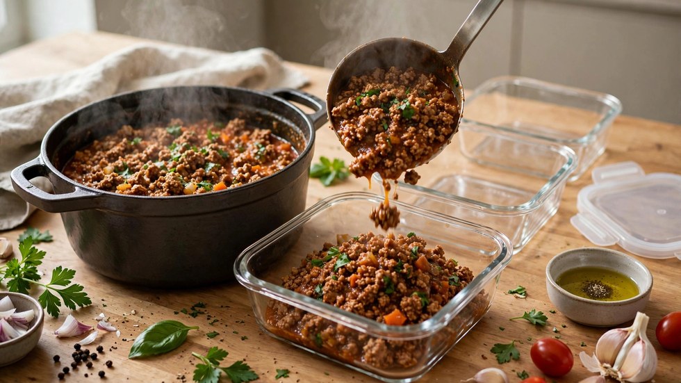 Batch prepping turkey mince bolognese into containers for four days of work lunches
