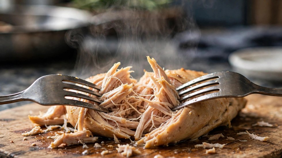 Shredding slow-cooked chicken breast for a low calorie pulled chicken prep bowl