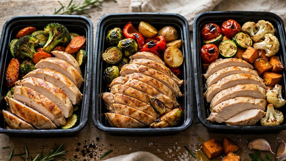 Sliced crispy air fryer chicken breast meal prep in containers with roast vegetables