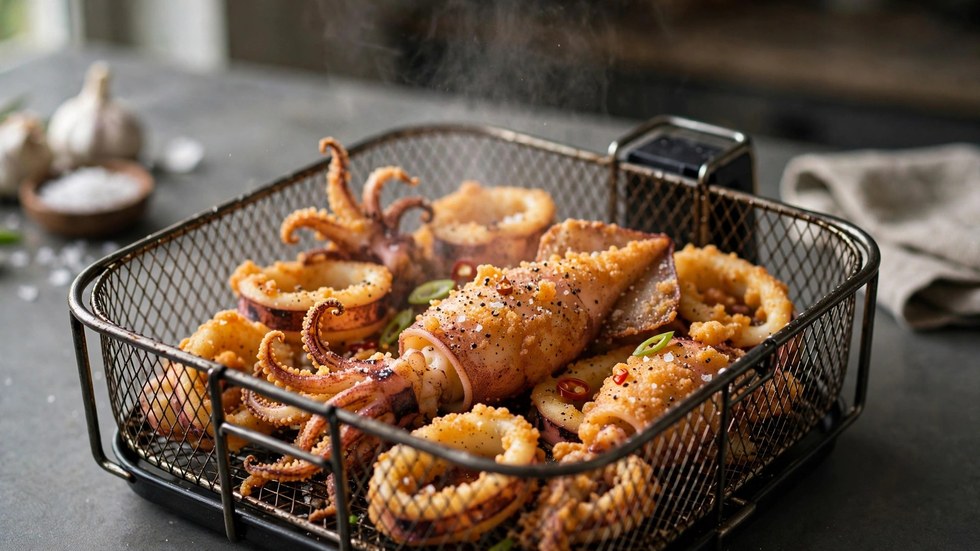 Crispy air fryer salt and pepper squid cooking in an air fryer basket