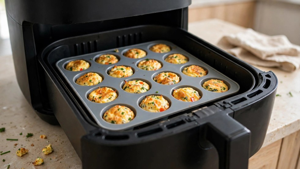 High-protein air fryer egg bites Australia baked in silicone moulds in an air fryer drawer