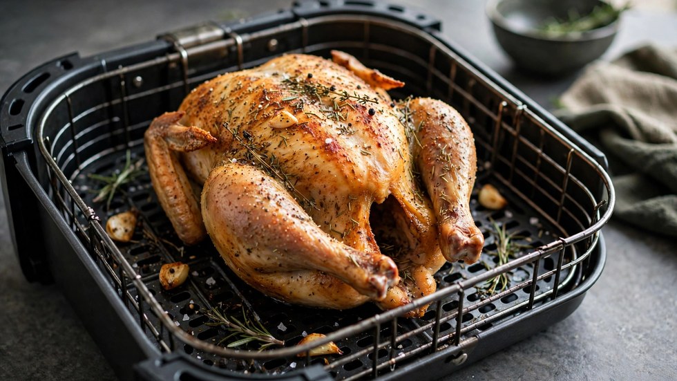 Whole chicken roasting in a benchtop air fryer for weekly meal prep in Australia