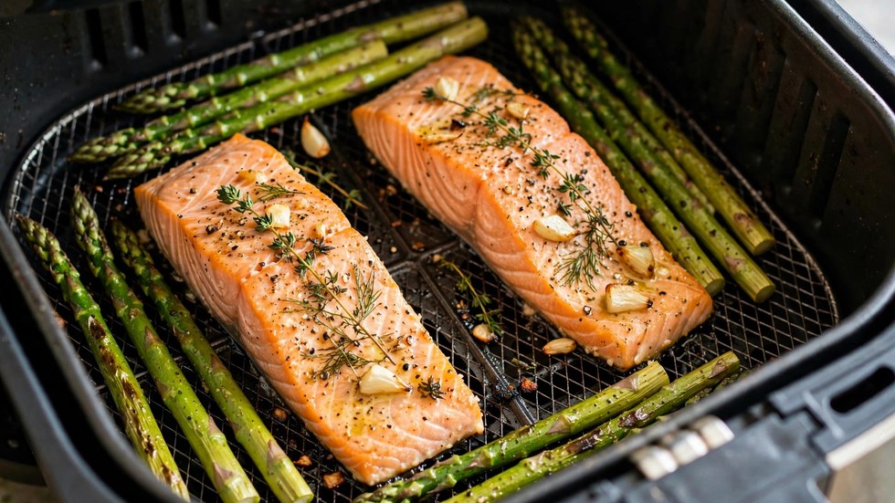 Air fryer salmon meal prep Australia with salmon fillets and asparagus in the basket