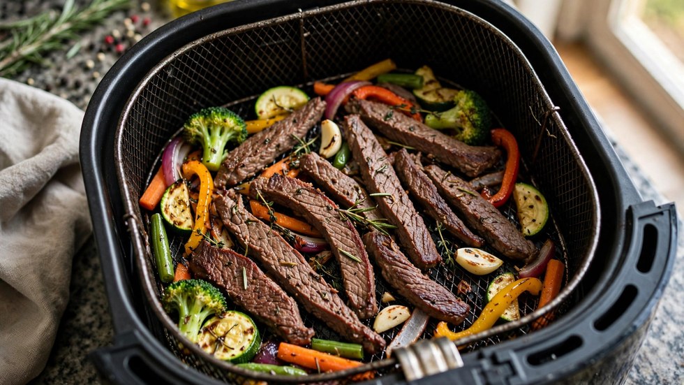 Crispy air fryer kangaroo steak recipe strips cooking with vegetables for protein bowls