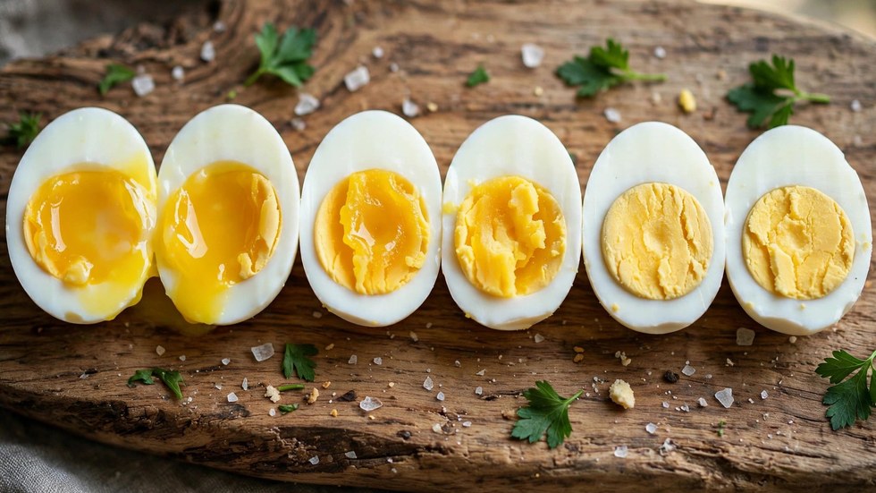 Soft, medium and hard boiled eggs cooked in an air fryer showing different yolk textures