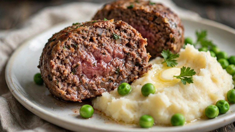 Juicy low-fat beef rissoles cooked in an air fryer served with mashed potato