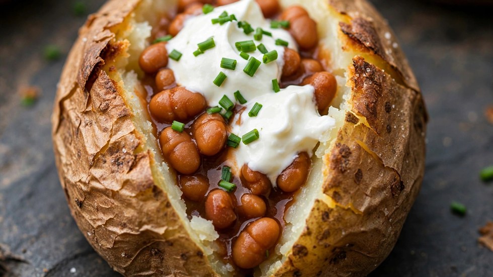 Crispy air fryer jacket potato split open with sour cream and baked beans filling