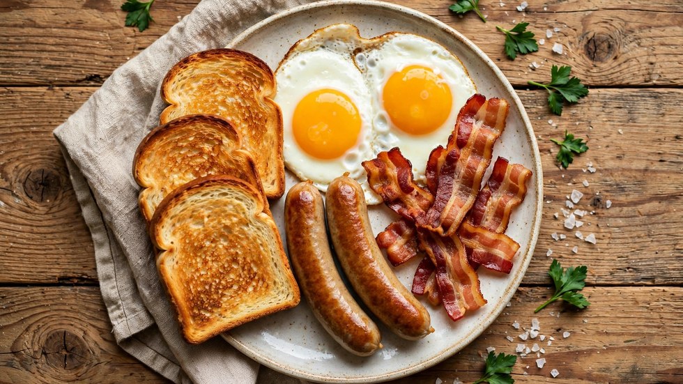 Batch cooked air fryer sausages and bacon served as a full Australian breakfast