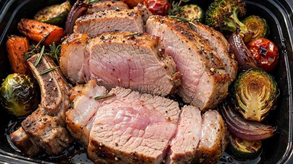 Juicy air fryer pork chop with crackling packed in a work lunch meal prep container
