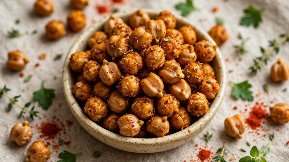 Golden crispy air fryer chickpeas seasoned with paprika in a bowl