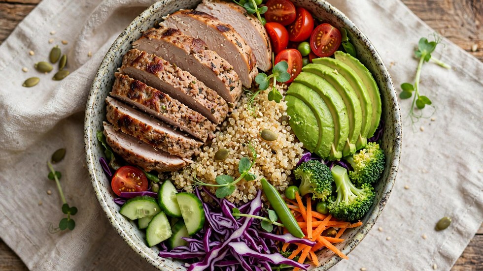 High-protein meal prep bowl with sliced air fryer turkey burger, quinoa and vegetables
