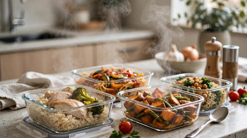 Meal prep containers being organised for reheating prepped meals air fryer style on a kitchen benchtop