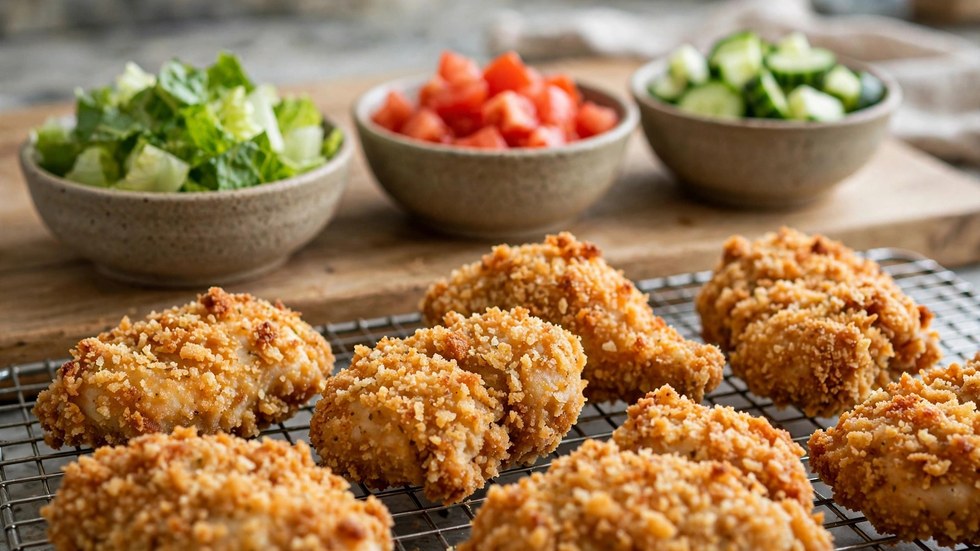 Golden air-fried chicken pieces and fresh salad ingredients for a copycat Grilld chicken burger bowl