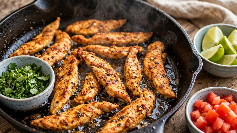 Smoky seasoned chicken cooking for a high-protein copycat GYG burrito bowl recipe