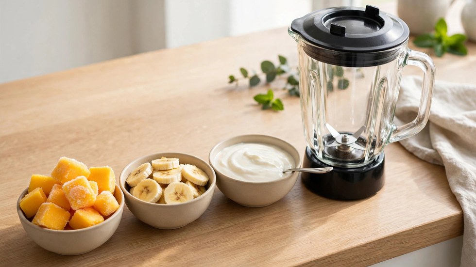 Frozen mango, banana and yoghurt prepped for a low-sugar copycat Boost Juice Mango Magic smoothie
