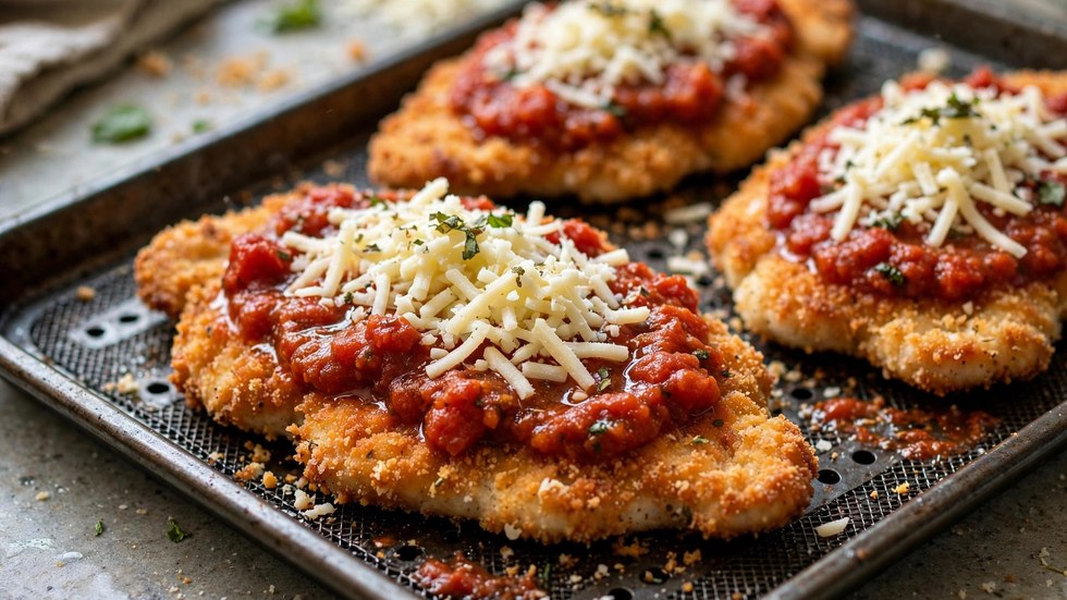 Crumbed chicken schnitzels with sugo and mozzarella ready for the air fryer in this copycat Schnitz chicken parma recipe