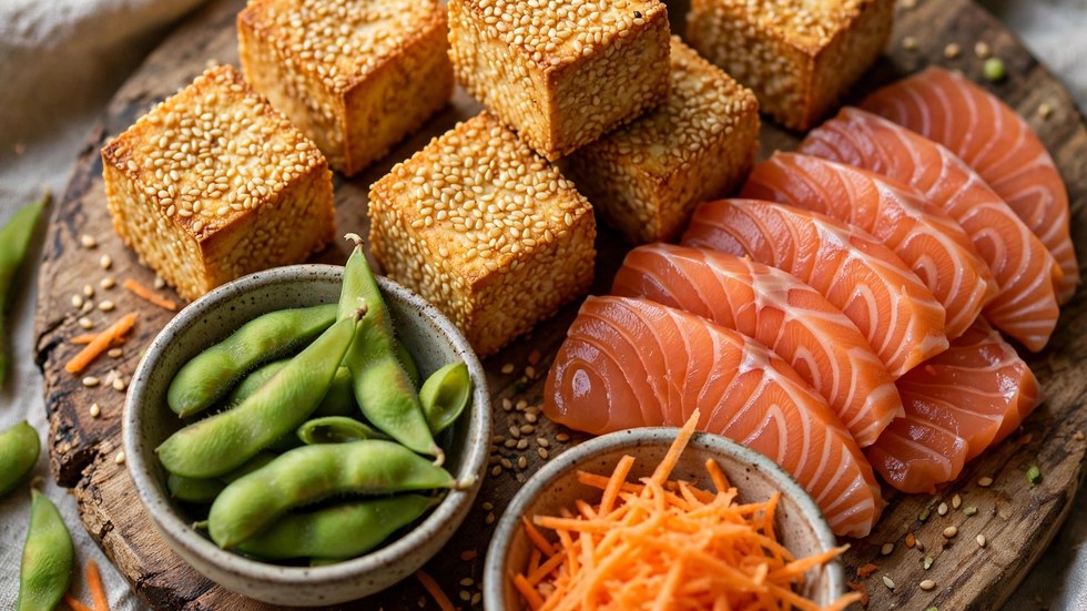 Sesame-crusted tofu cubes and fresh sliced salmon prepped for a copycat Fishbowl salmon bowl