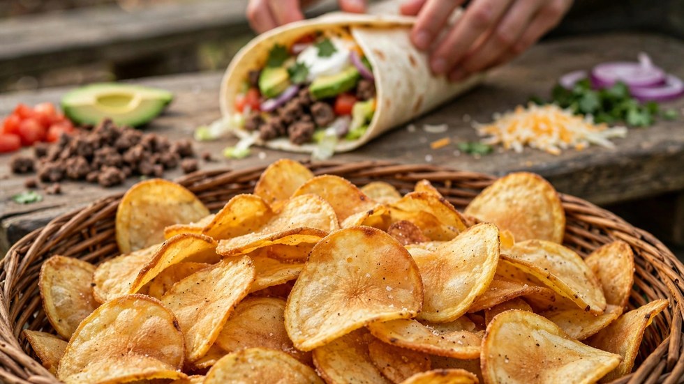 Crispy air fryer chips ready to go inside a copycat GYG Cali burrito