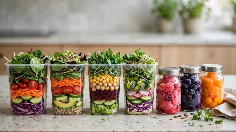 Weekly meal prep containers filled with a copycat Soul Origin salad recipe and frozen fruit portions for homemade iced crush drinks