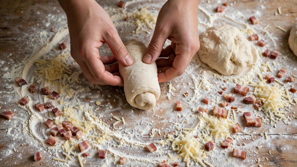 Shaping soft dough rolls filled with cheese and bacon for a copycat Bakers Delight cheese bacon roll recipe