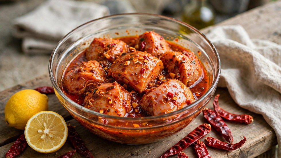 Chicken marinating in homemade peri-peri spice mix for a copycat Nandos chicken rice bowl Australia recipe