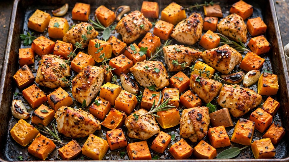 Tray of roasted vegetables and spiced chicken for a healthy copycat SumoSalad chicken bowl