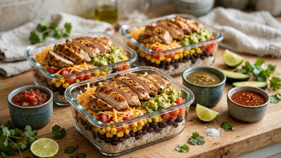 Meal prepped copycat Mad Mex naked burrito bowls with chipotle chicken, black beans and fresh salsa