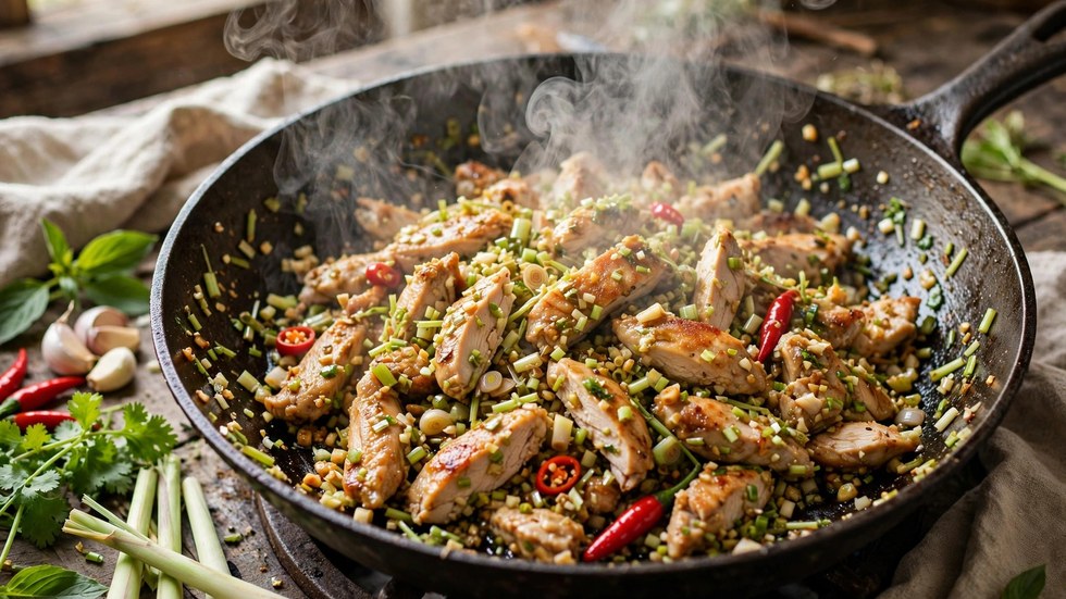 Lemongrass chicken sizzling in a pan for a healthy copycat Rolld lemongrass chicken bowl