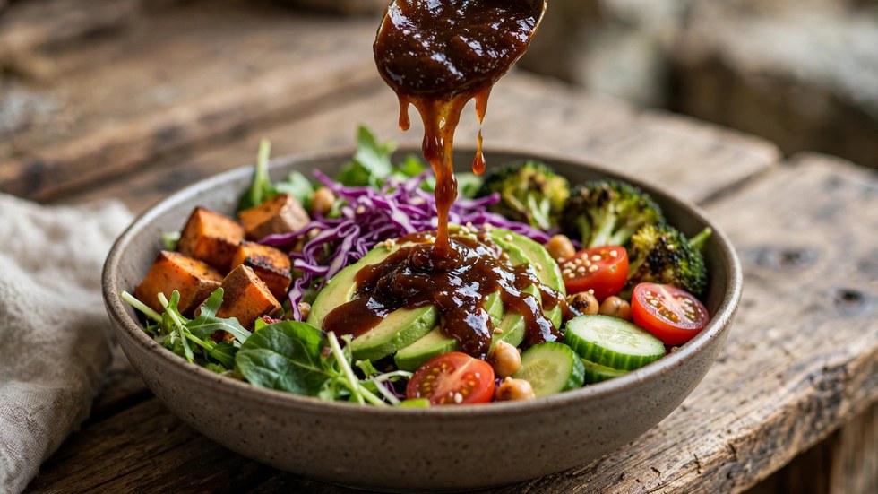 Smoky burger sauce drizzled over a copycat Hungry Jacks veggie whopper bowl